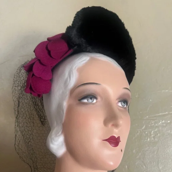 REGAL 1940's FUCHSIA FELT HAT - BLACK MUTTON TRIM AND FELT "ROSES" + FULL VEIL